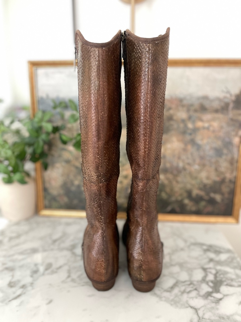 Donald Pliner Devi Brown Leather Snake Skin Distressed Knee High Boots Size 8 - Picture 2 of 10